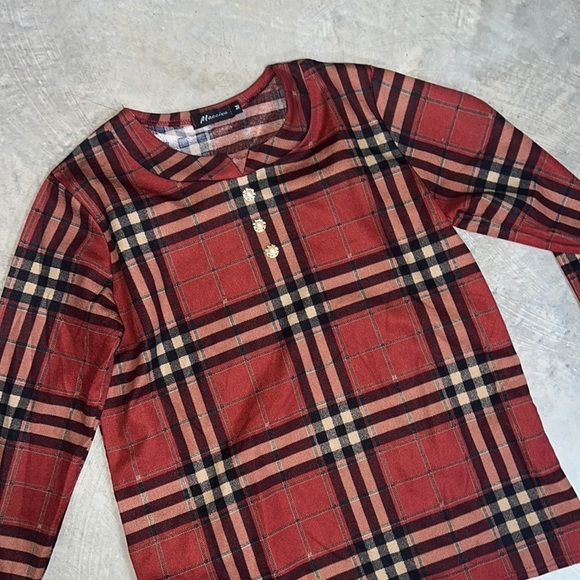 Retro Check Plaid Long Sleeve w Faux Sleeve Pearl Button Size Medium P2P 20-21” - Picture 4 of 10